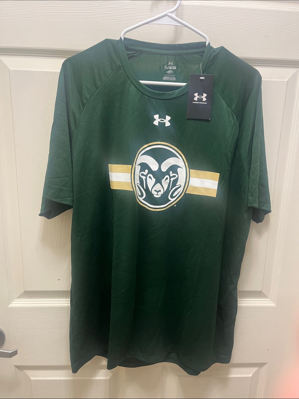 Under Armour Green Short-Sleeve Athletic Tee with Gold Stripes and CSU Rams Logo